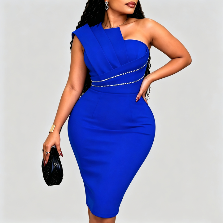 The Elara Rhinestone Ruffle Off-Shoulder Midi Dress