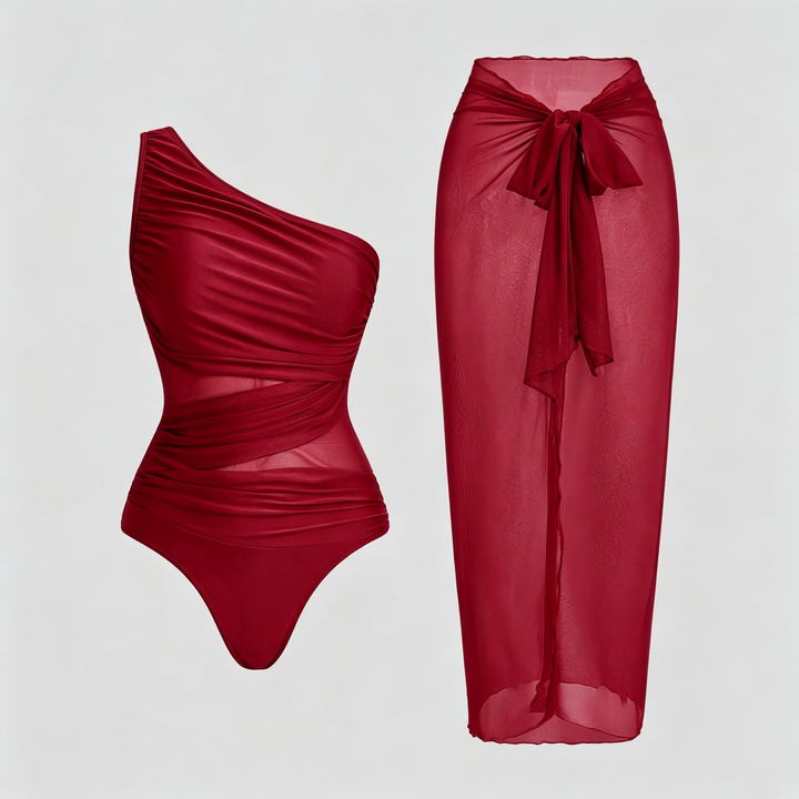 The Elara One-Shoulder Mesh Sarong Swimsuit Set
