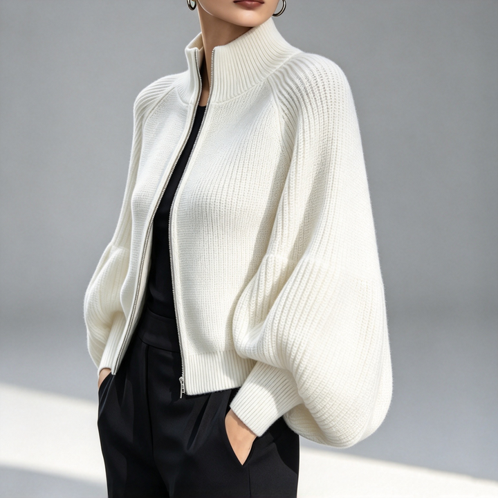 The Elara Balloon-Sleeve Zip Knit Cardigan