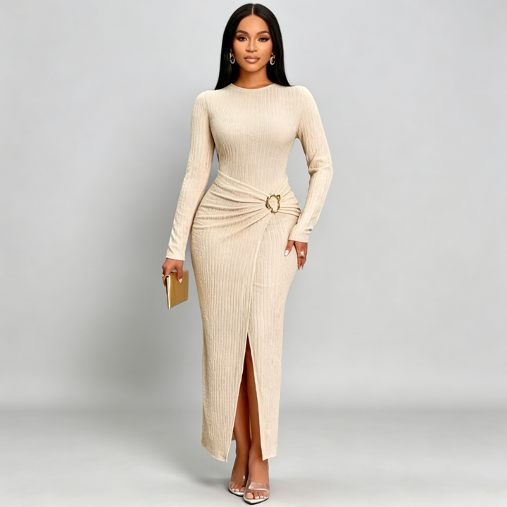 The Elara Buckle Ruched Long Sleeve Maxi Dress