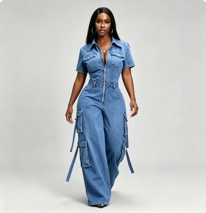 The Elara Utility Denim Wide-Leg Jumpsuit