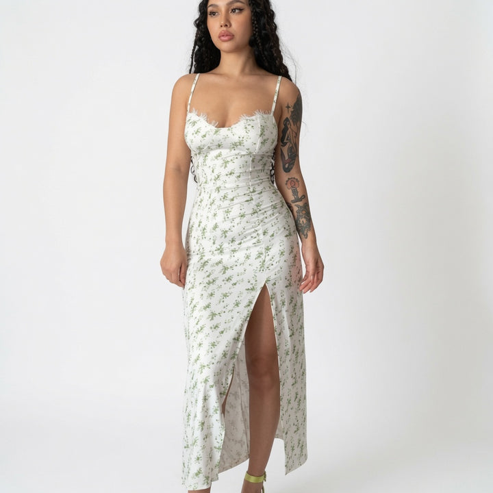 The Elara Ditsy Floral Lace Trim Slip Dress