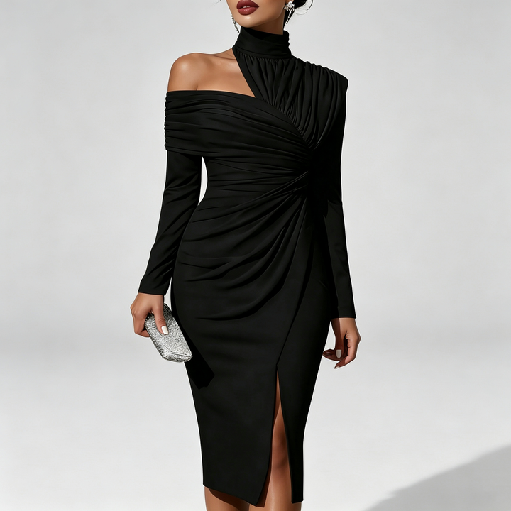 The Elara Asymmetric Ruched Midi Dress