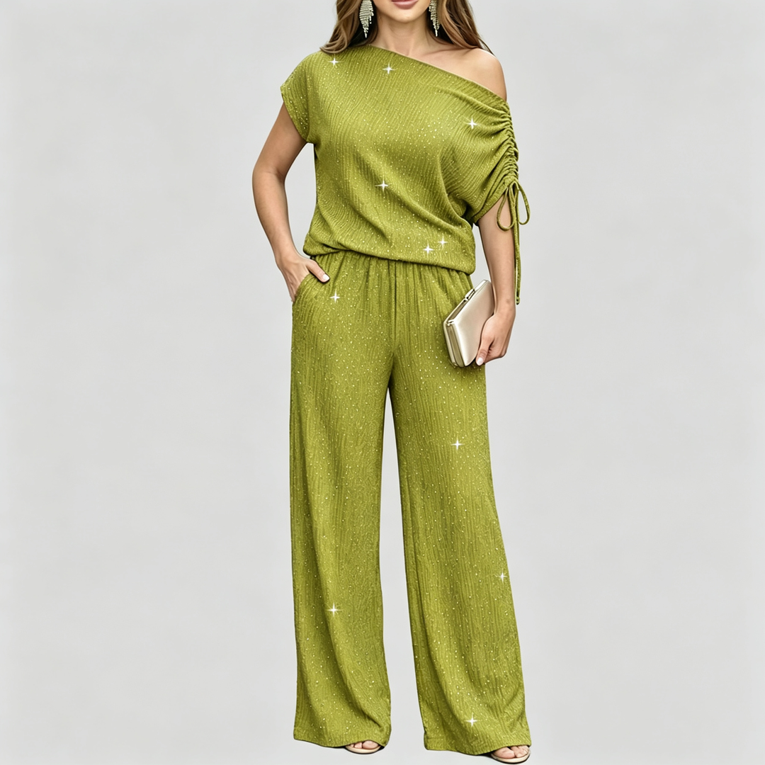 The Elara Sparkle Ruched One Shoulder Wide Leg Set