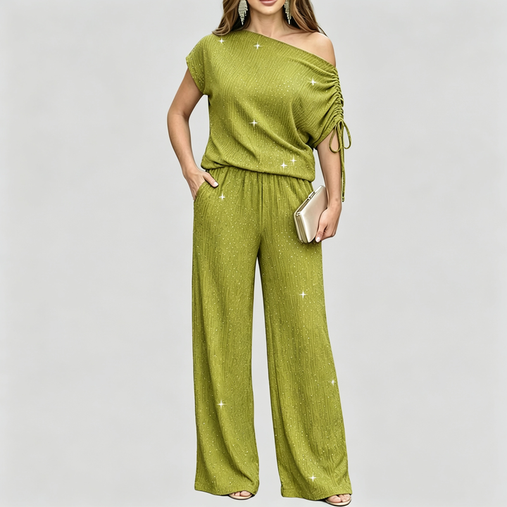 The Elara Sparkle Ruched One Shoulder Wide Leg Set