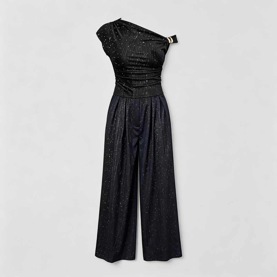The Elara Rhinestone Asymmetrical Wide Leg Set