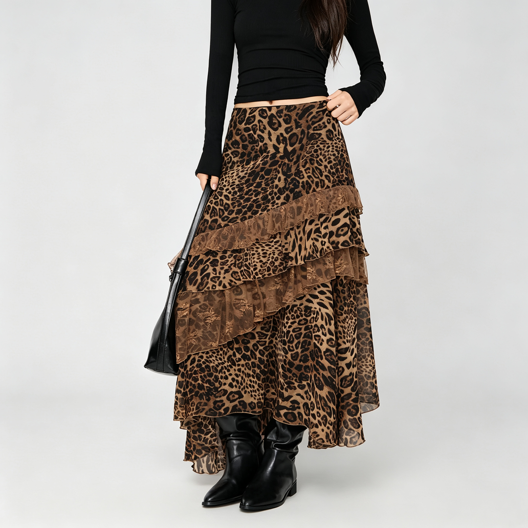 The Elara Leopard Lace Layered Maxi Skirt