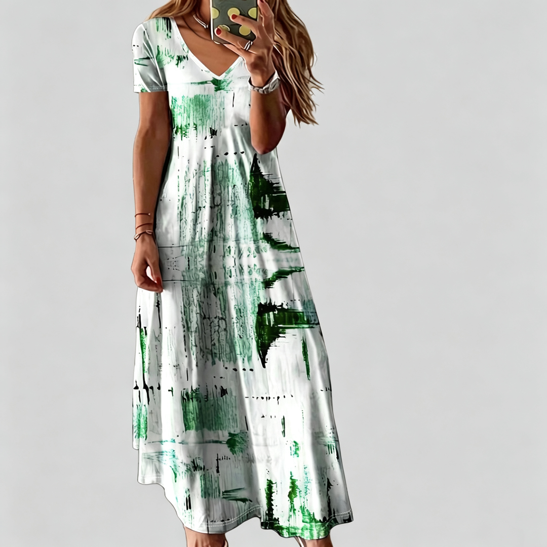 The Elara Abstract Brushstroke V-Neck Maxi Dress