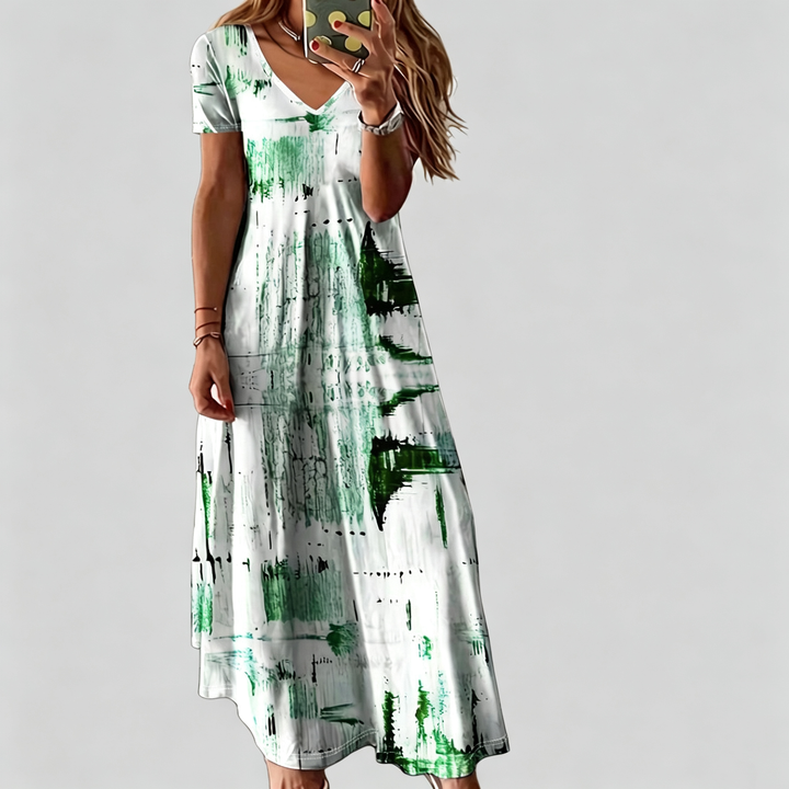 The Elara Abstract Brushstroke V-Neck Maxi Dress