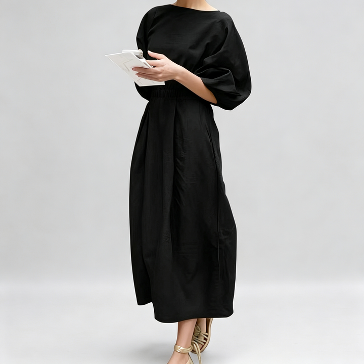 The Elara Lantern Sleeve Linen Blend Midi Dress