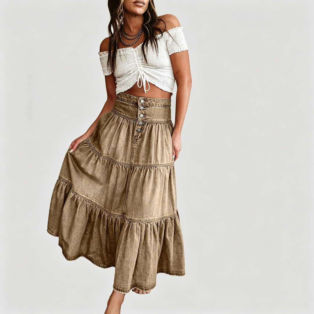 The Elara Tiered Denim Maxi Skirt