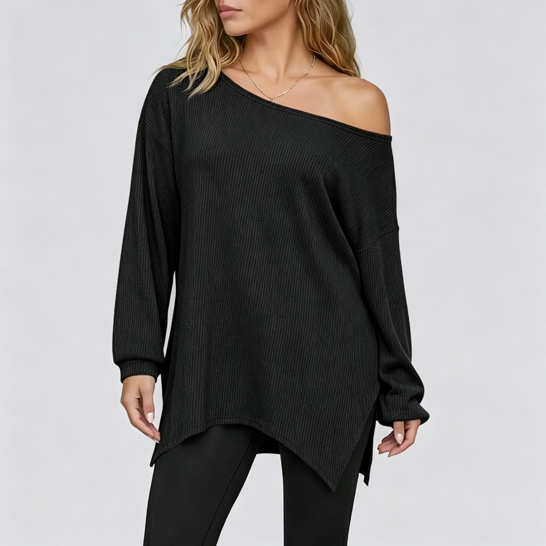 The Elara Asymmetric Off-Shoulder Ribbed Tunic
