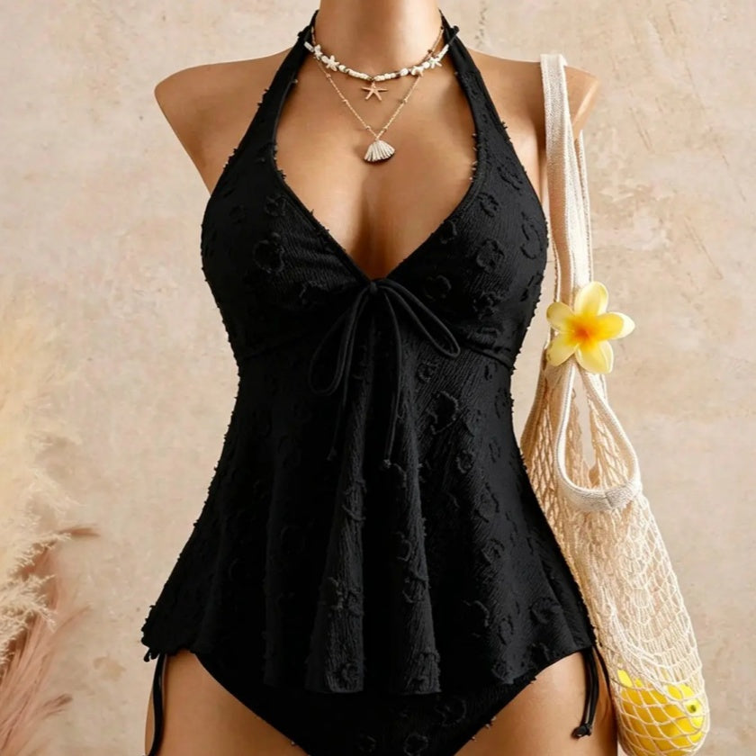 The Elara Floral Textured Halter Tankini Set with Tie Front
