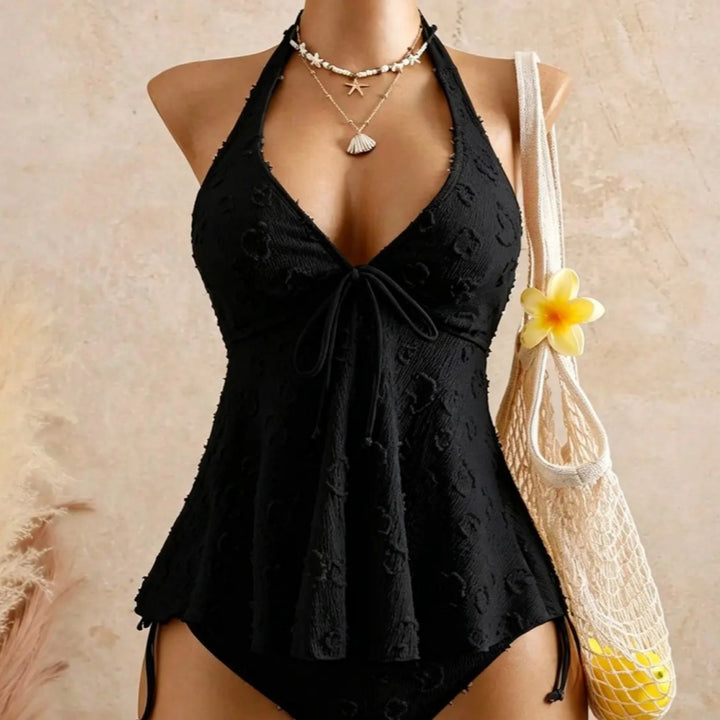 The Elara Floral Textured Halter Tankini Set with Tie Front