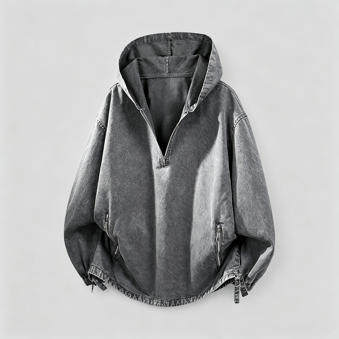 The Elara Washed Denim Half-Zip Hooded Jacket