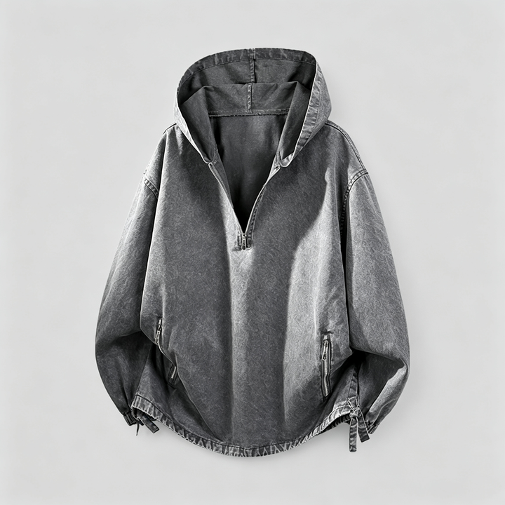 The Elara Washed Denim Half-Zip Hooded Jacket