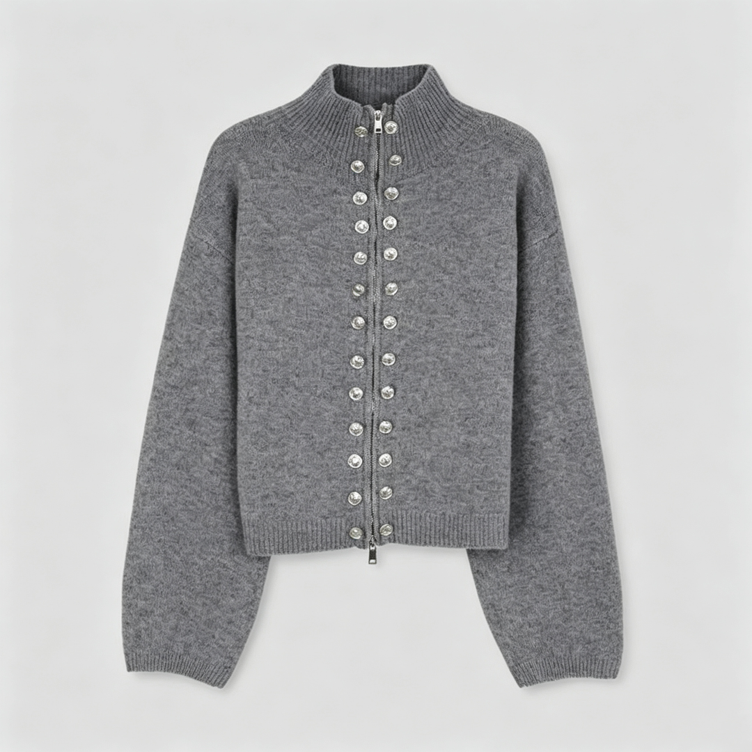 The Elara High-Neck Button Chenille Cardigan
