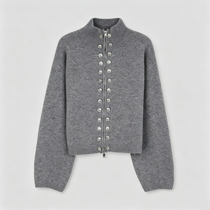 The Elara High-Neck Button Chenille Cardigan