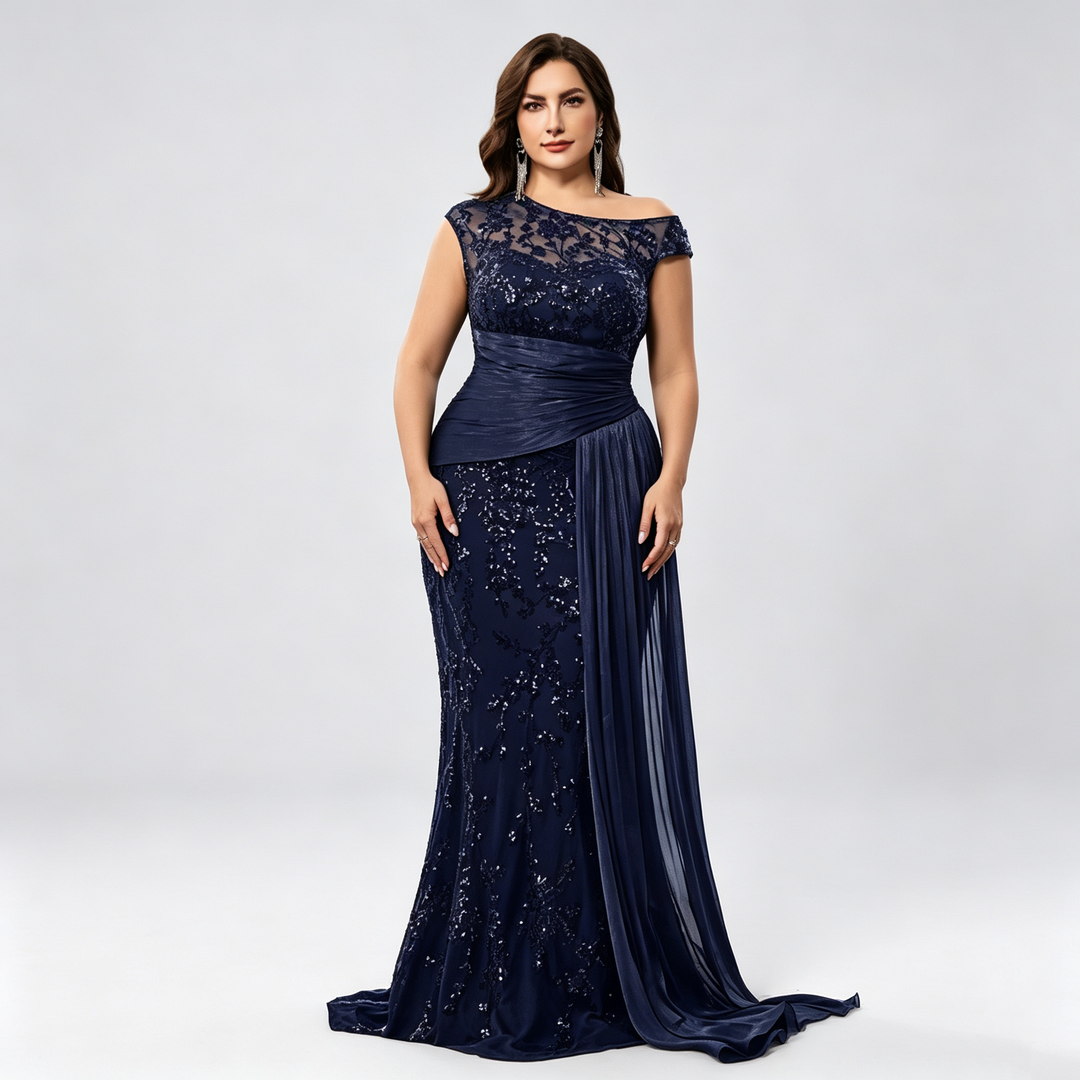 The Elara Asymmetric Sequin Draped Evening Gown