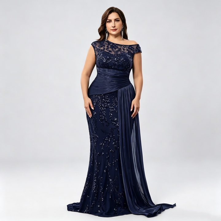 The Elara Asymmetric Sequin Draped Evening Gown