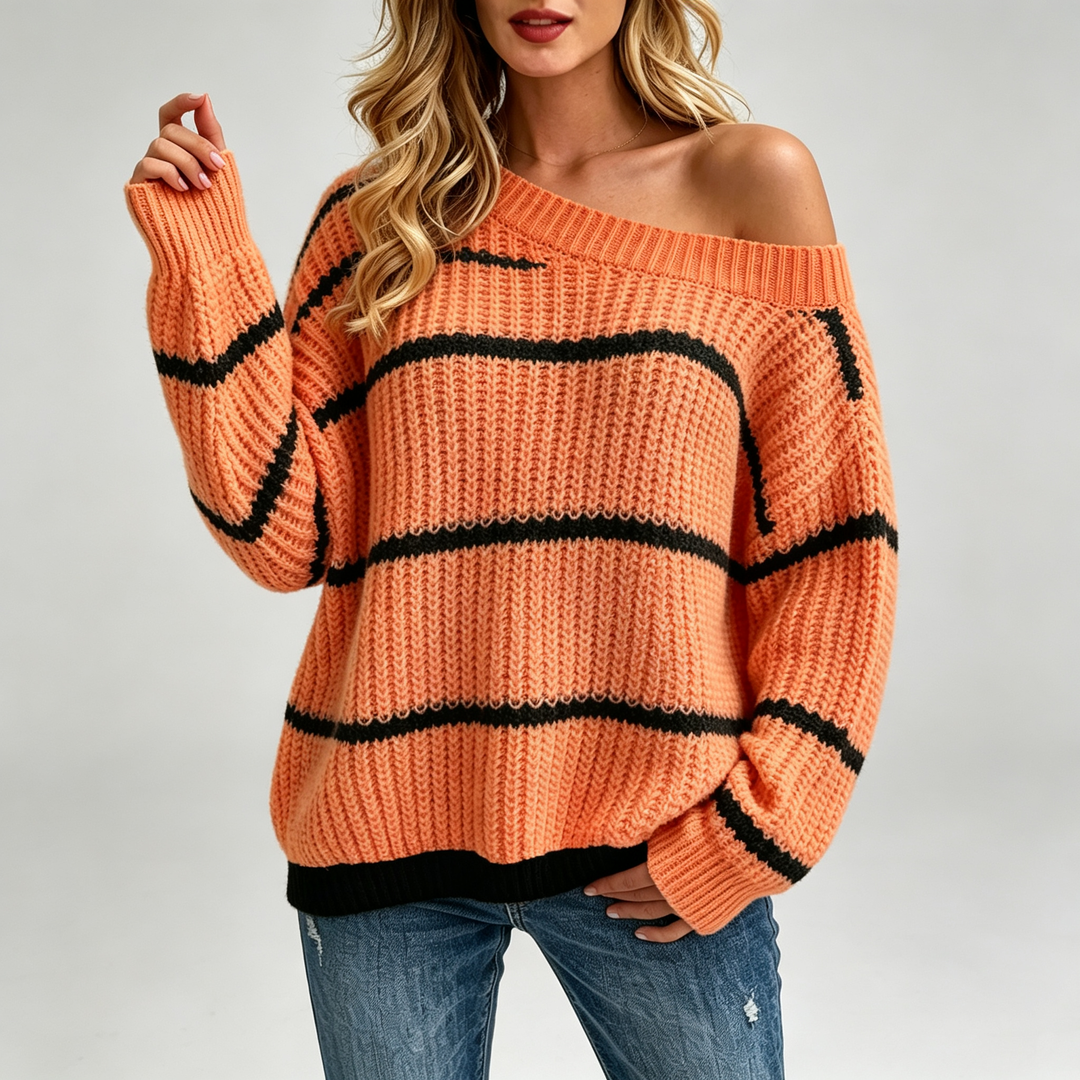The Elara Asymmetrical Stripe Knit Sweater