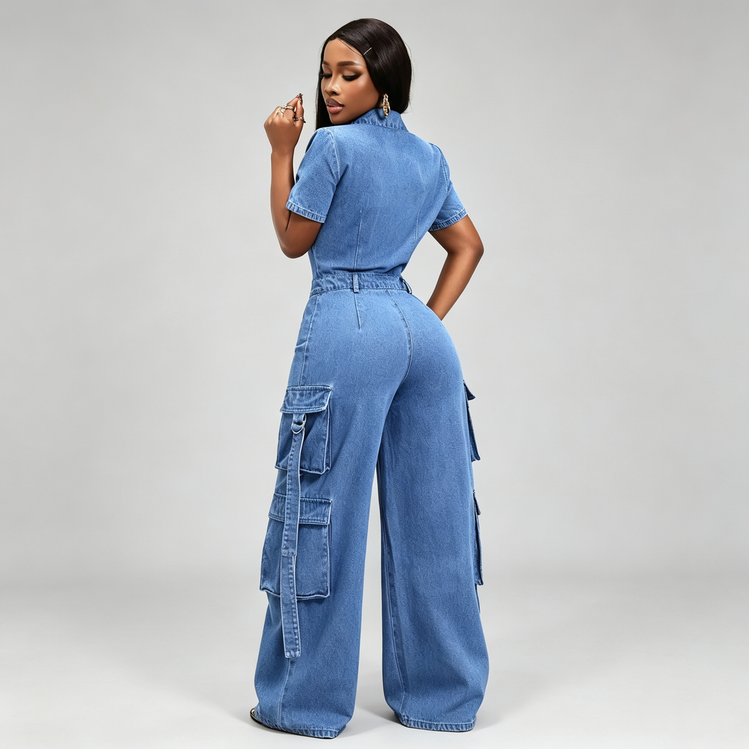 The Elara Utility Denim Wide-Leg Jumpsuit
