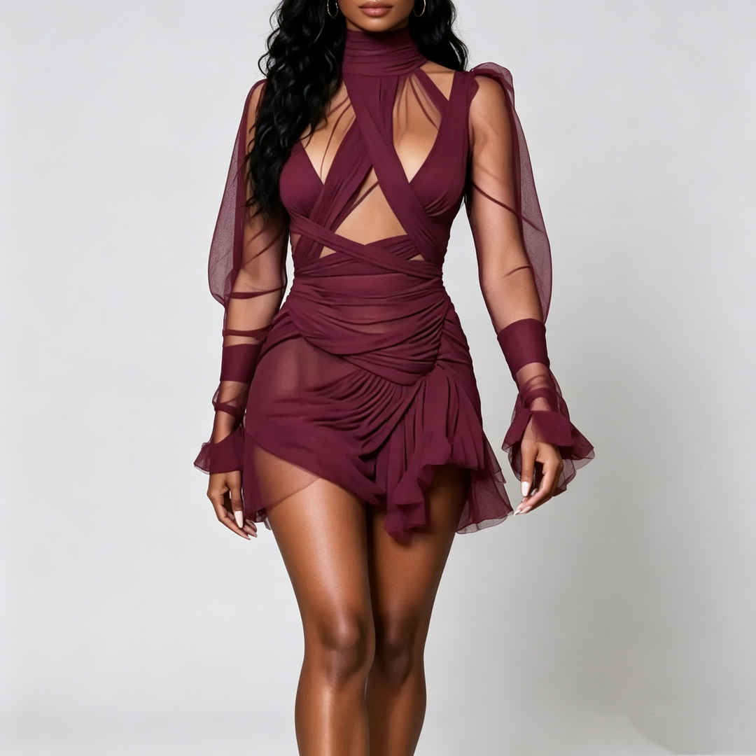 The Elara Sheer Ruched Ruffle Mini Dress