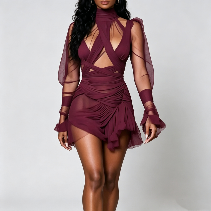 The Elara Sheer Ruched Ruffle Mini Dress