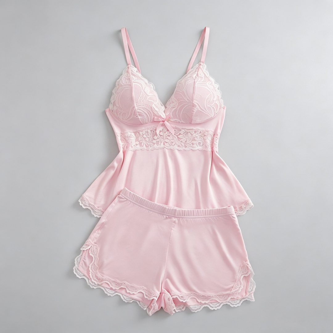 The Elara Lace Bow Cami Shorts Set