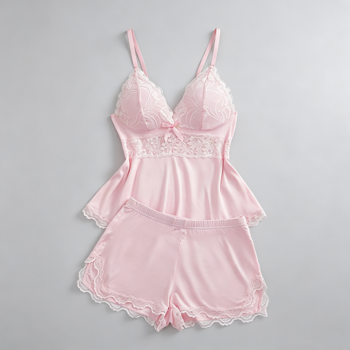 The Elara Lace Bow Cami Shorts Set