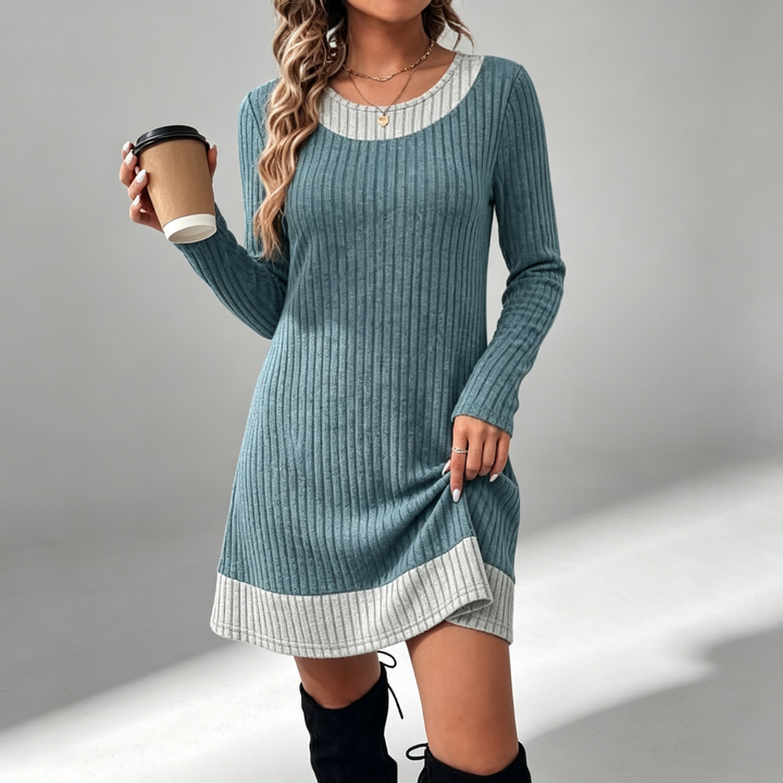 The Elara Plaid-Trim Ribbed Mini Dress