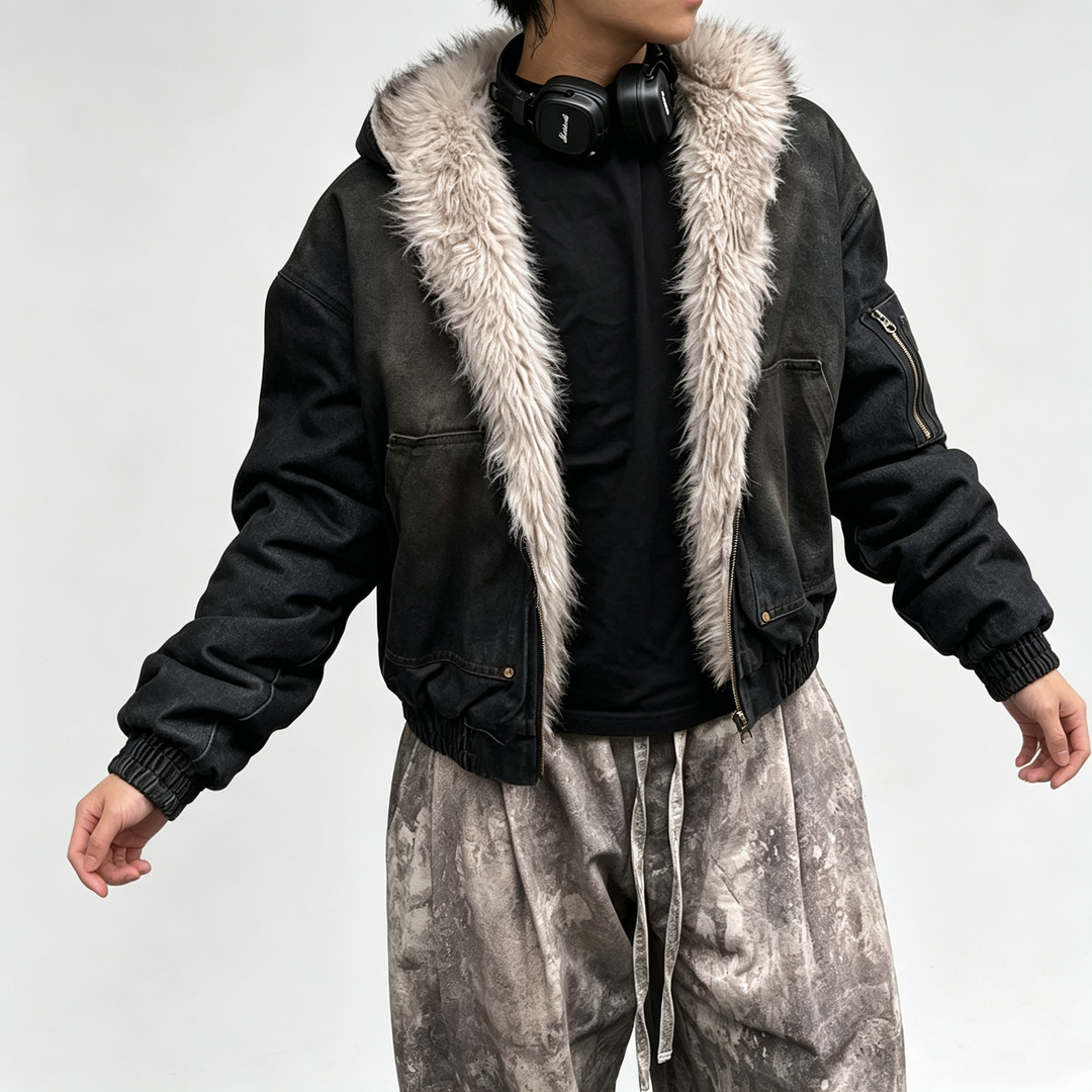 The Elara Sherpa-Lined Washed Denim Jacket