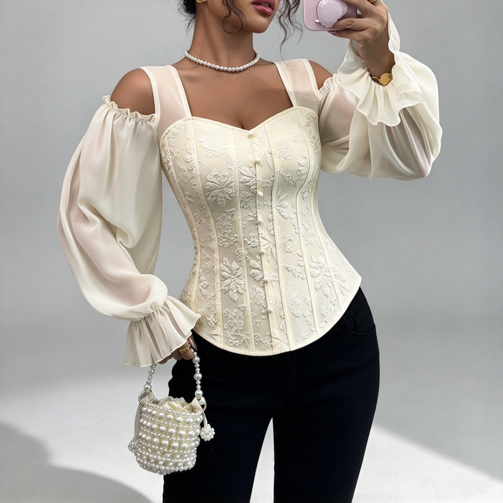 The Elara Jacquard Cold-Shoulder Corset Top