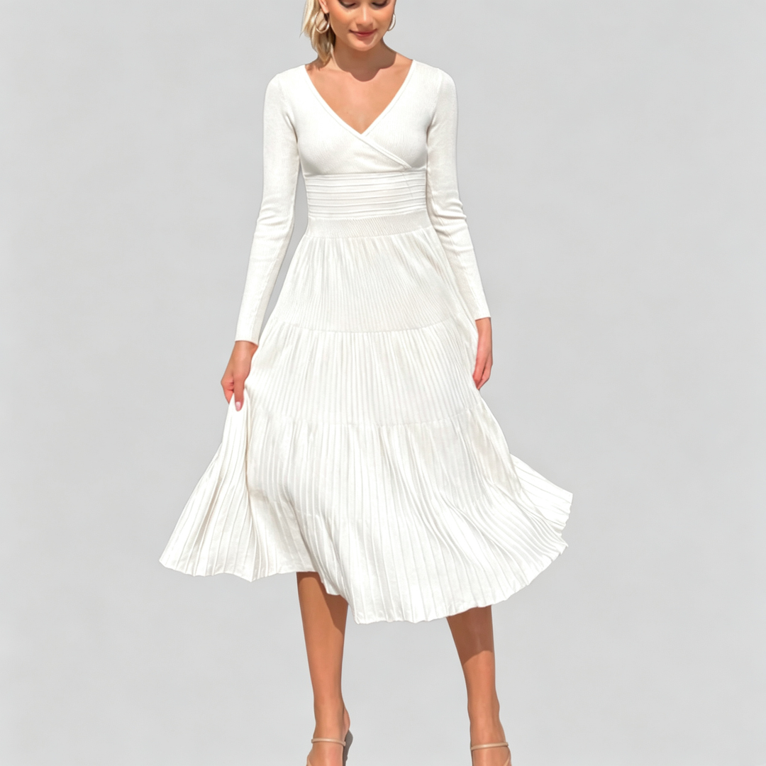The Elara Wrap Pleated Knit Midi Dress