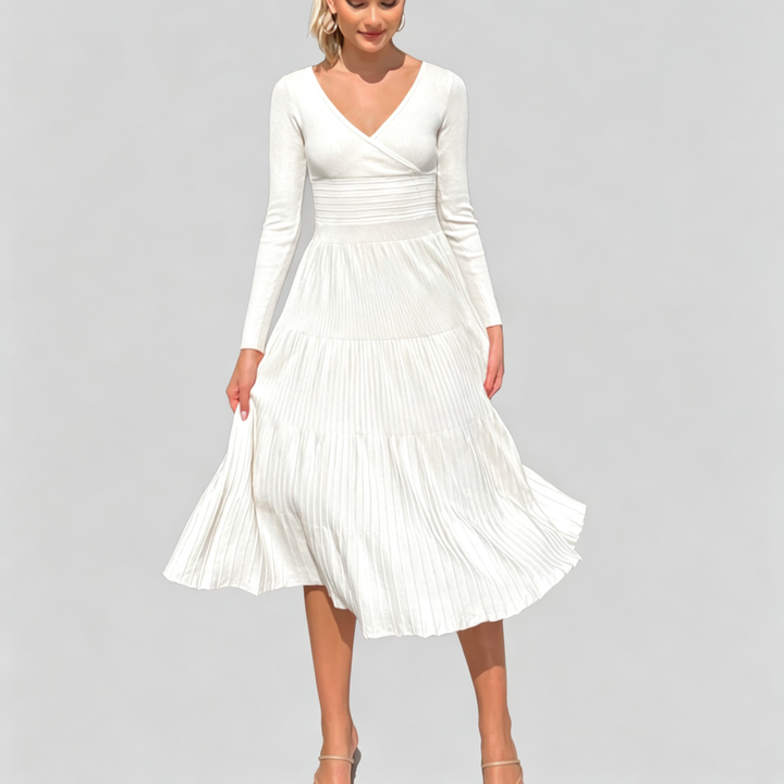 The Elara Wrap Pleated Knit Midi Dress