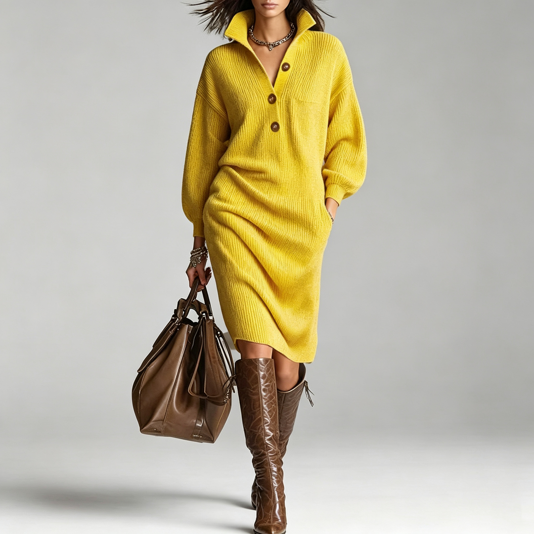 The Elara Button-Collar Ribbed Knit Midi Dress