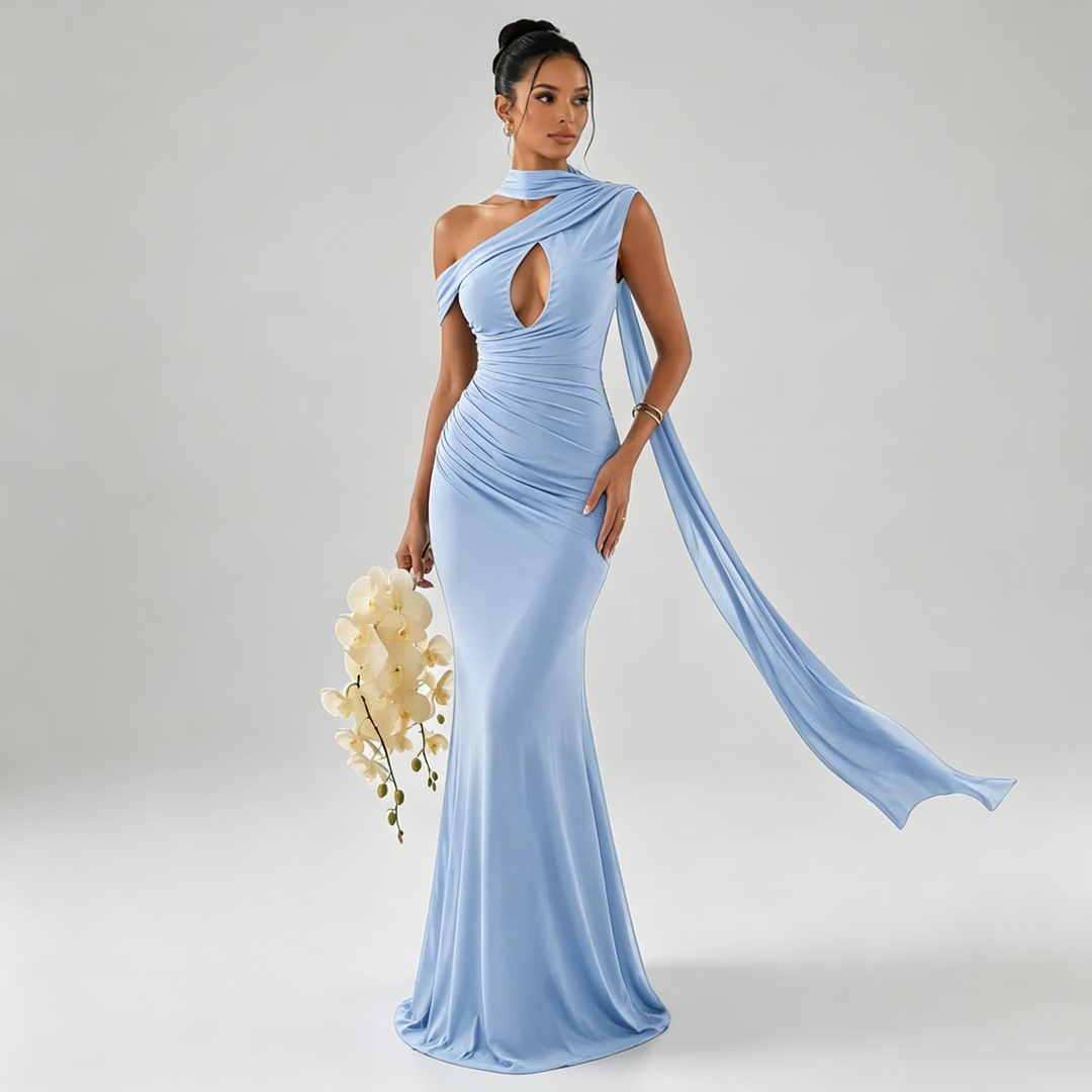 The Elara Riviera Scarf One-Shoulder Gown