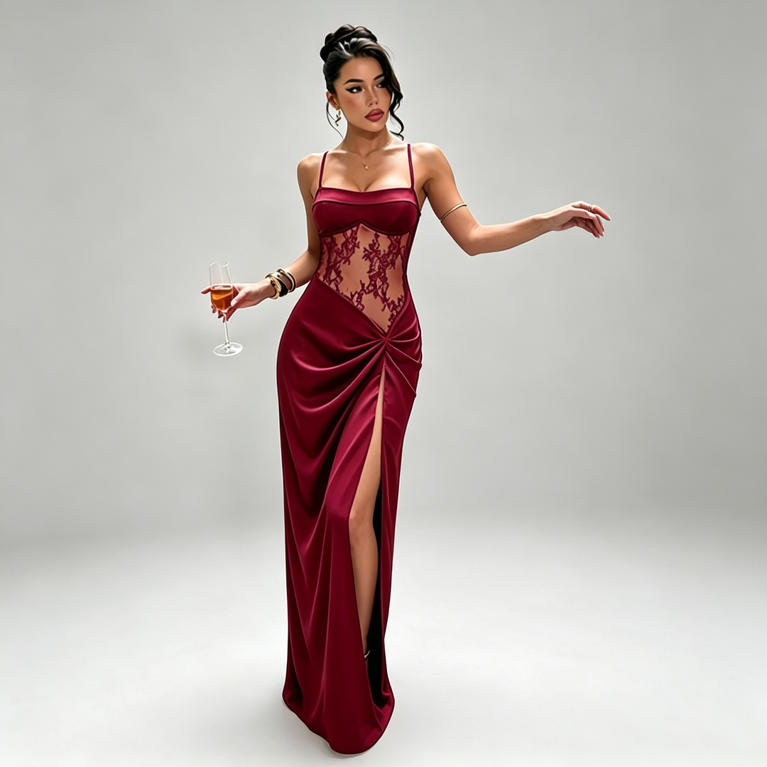 The Elara Lace Illusion High-Slit Maxi Dress