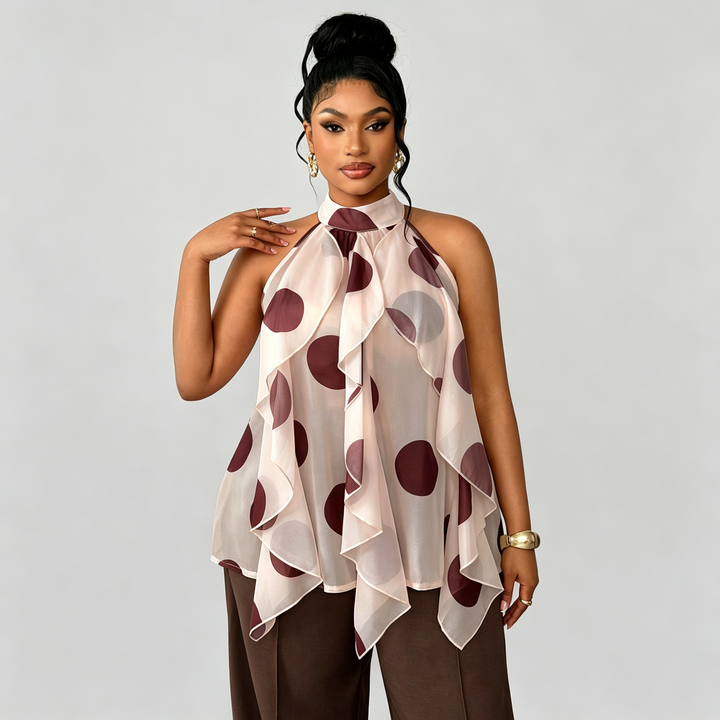 The Elara Polka Dot Ruffle Choker Blouse