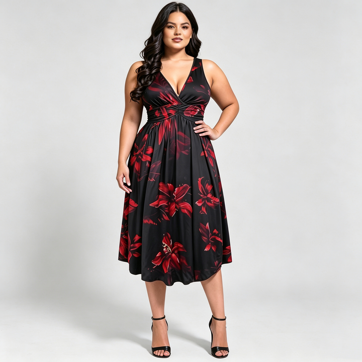 The Elara Wild Bloom V-Neck Midi Dress