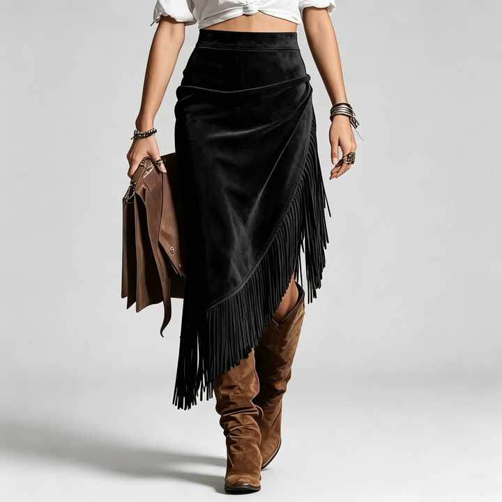 The Elara Western Fringe Faux Suede Midi Skirt
