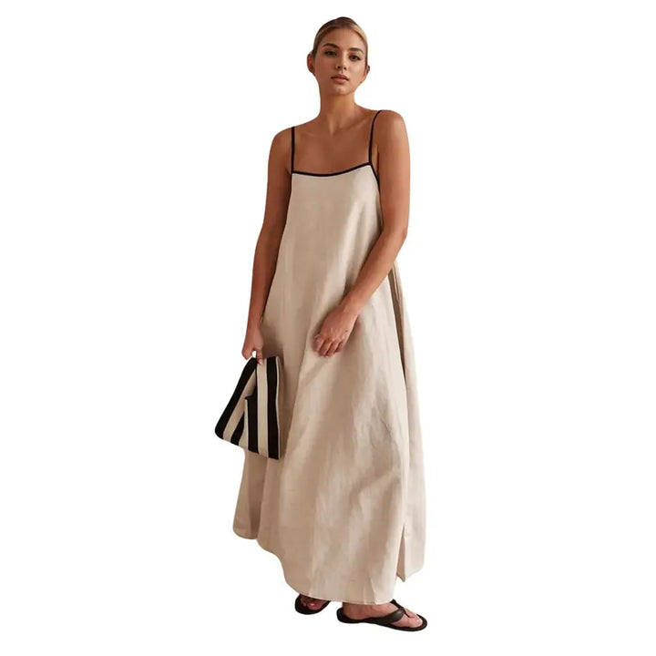 The Elara Contrast Trim Linen Maxi Dress