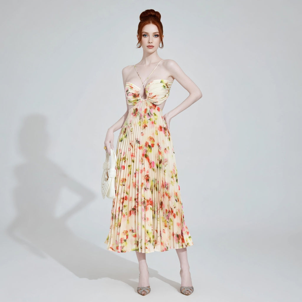 The Elara Ethereal Pleated Floral Cutout Maxi Dress