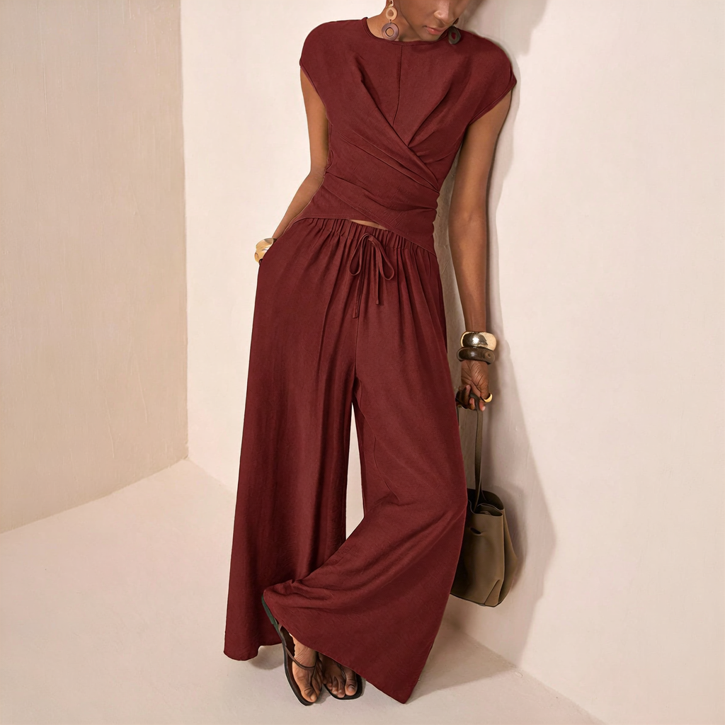 The Elara Draped Wrap-Front Palazzo Set