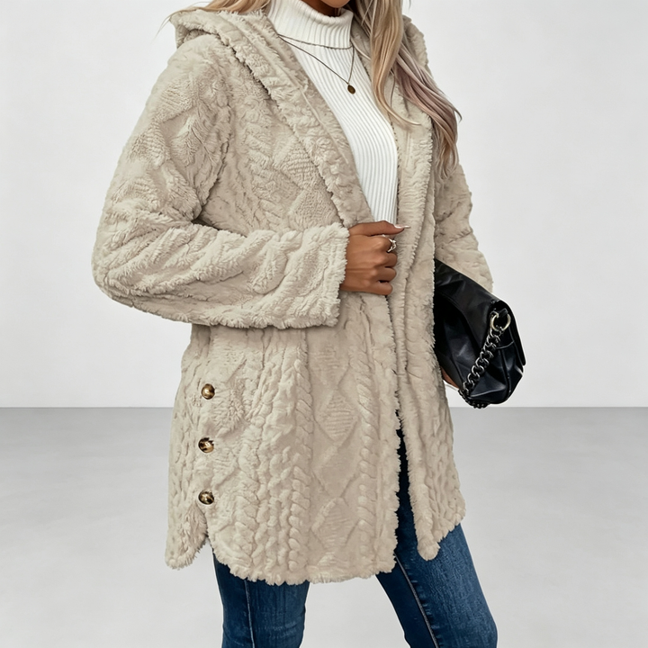The Elara Sherpa Hooded Button Coat