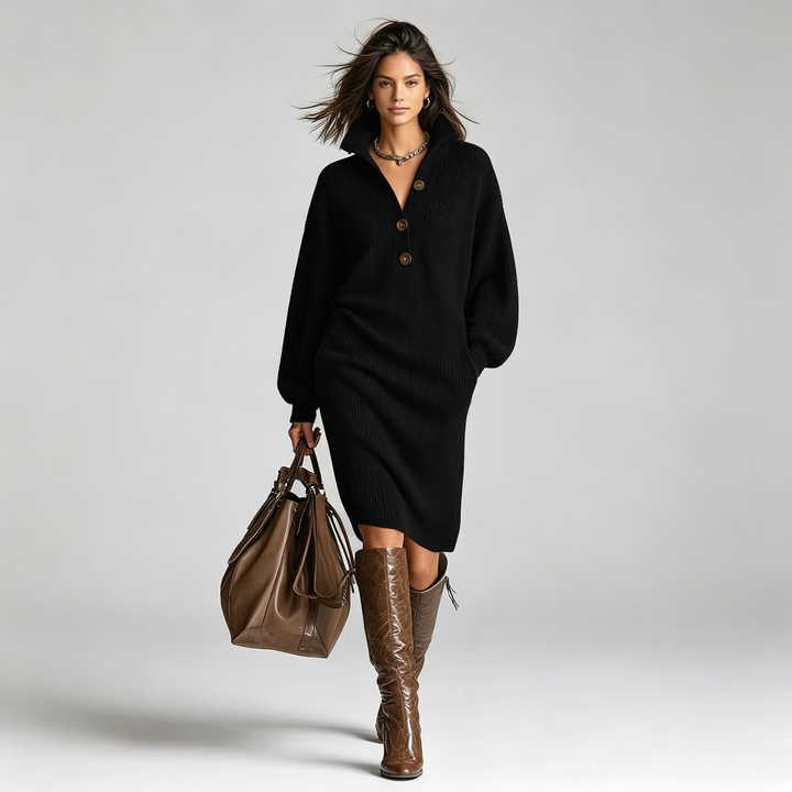 The Elara Button-Collar Ribbed Knit Midi Dress