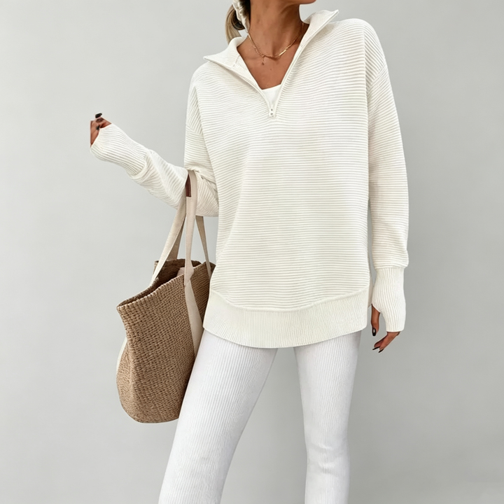The Elara Quarter-Zip Ribbed Knit Sweater