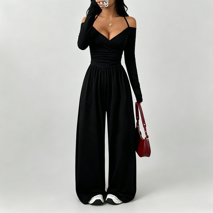 The Elara Off Shoulder Wrap Wide Leg Jumpsuit