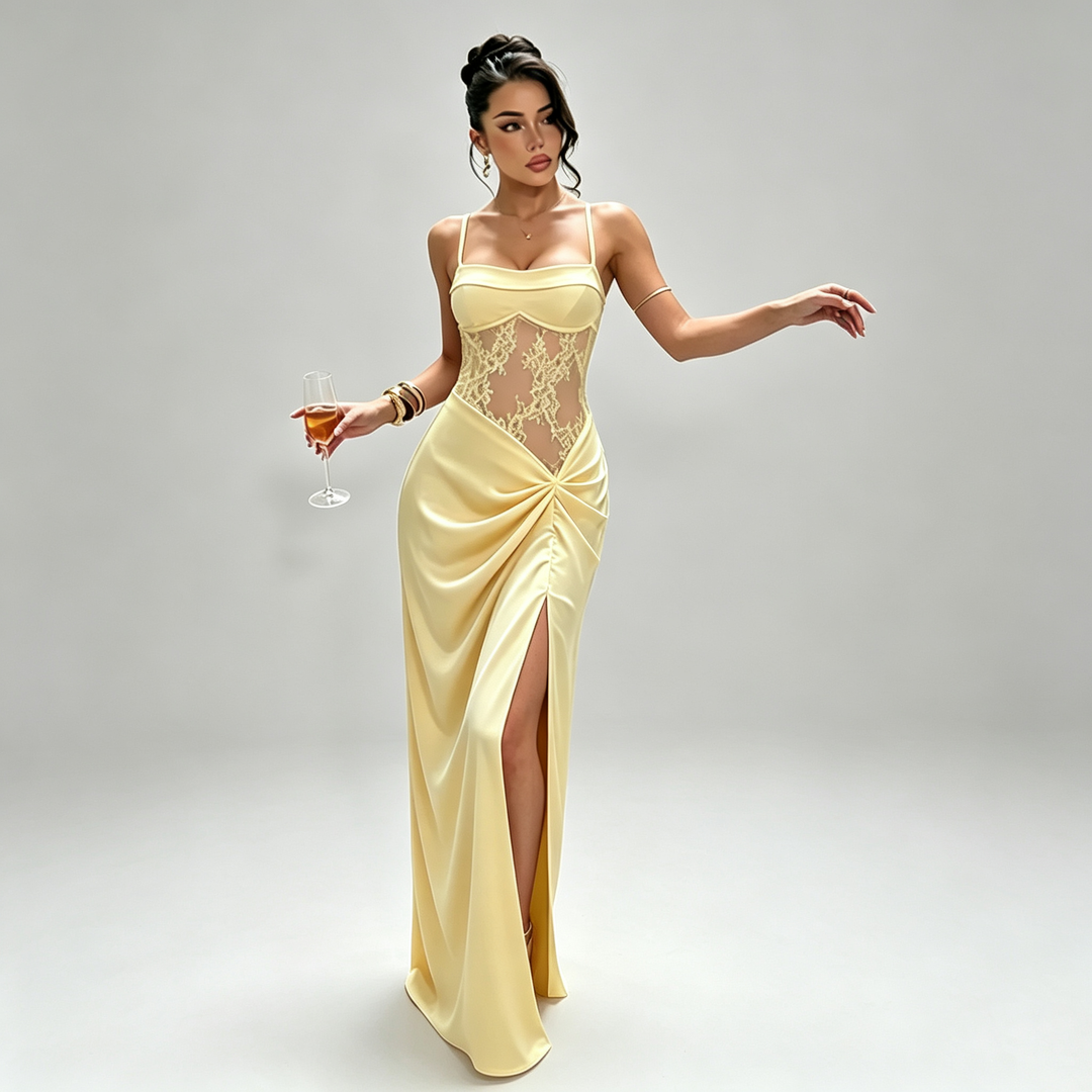 The Elara Lace Illusion High-Slit Maxi Dress