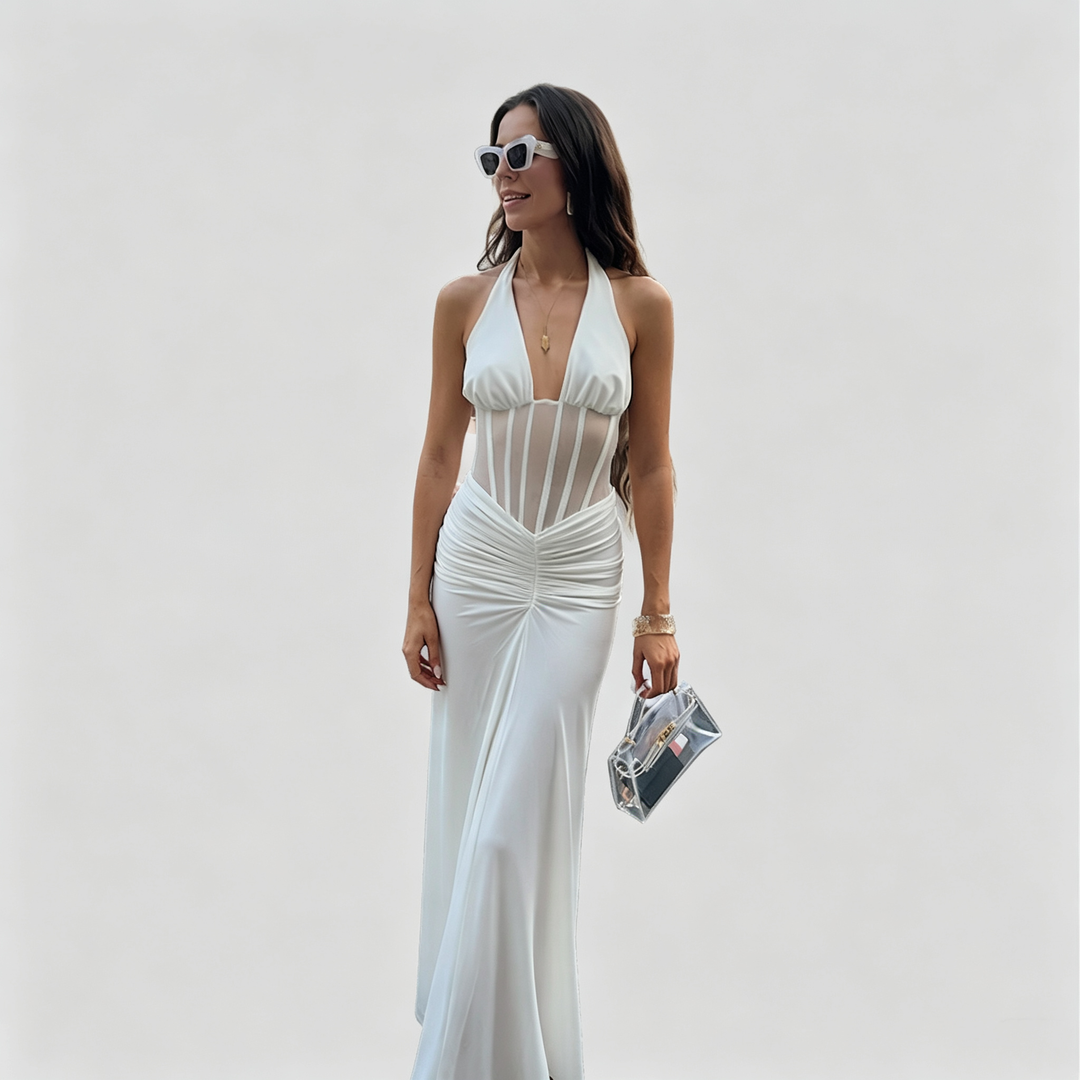 The Elara Mesh Corset Halter Gown